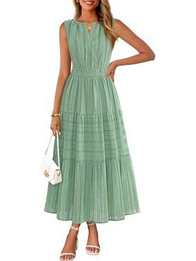 🆕Women Sage Maxi Dress for Casual Sleeveless  V Neck Cotton Long Dresses